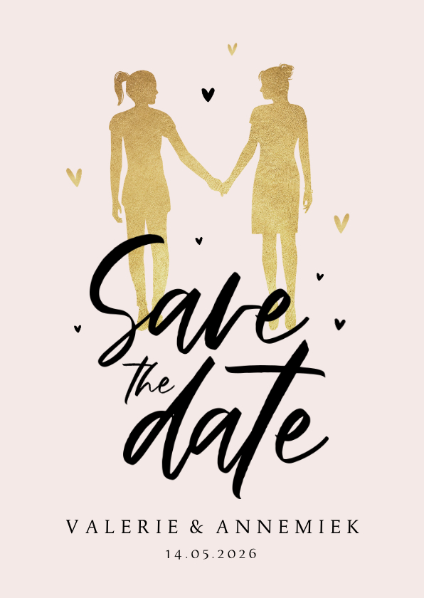 Trouwkaarten - Save the date trouwkaart goud hartjes LGBTQ silhouetjes