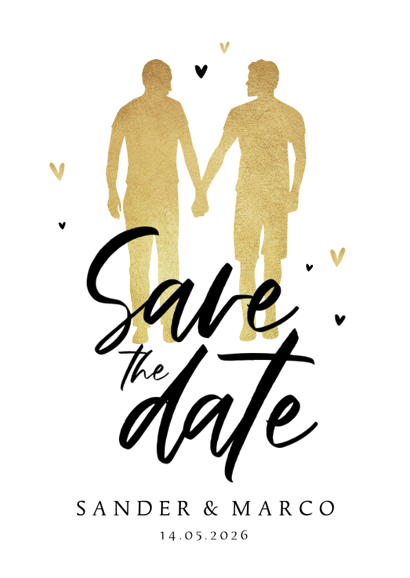 Trouwkaarten - Save the date trouwkaart goud silhouet hartjes LGBTQ 