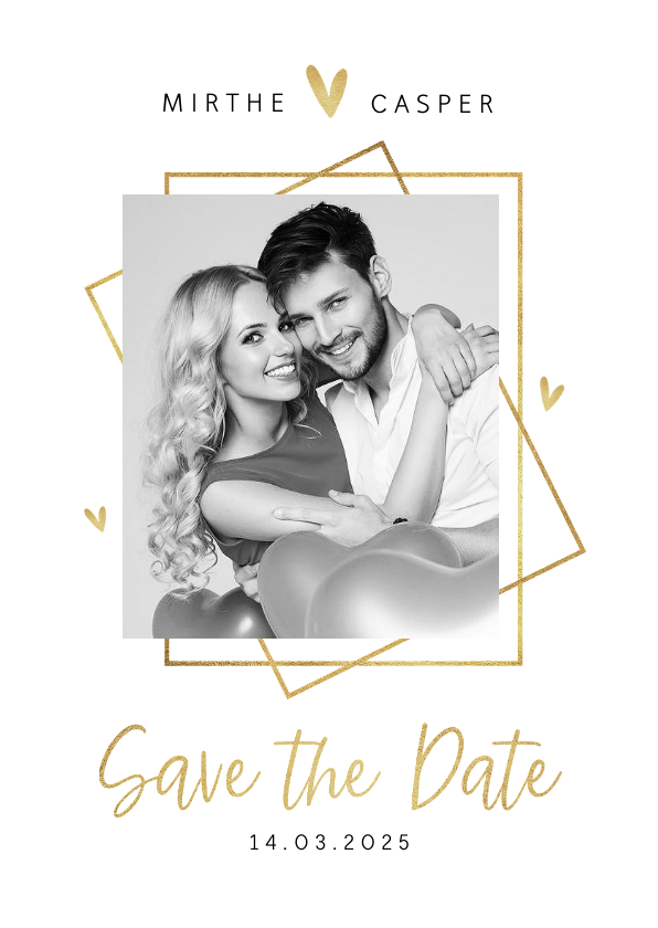 Trouwkaarten - Save the date trouwkaart goud stijlvol modern grafisch hart