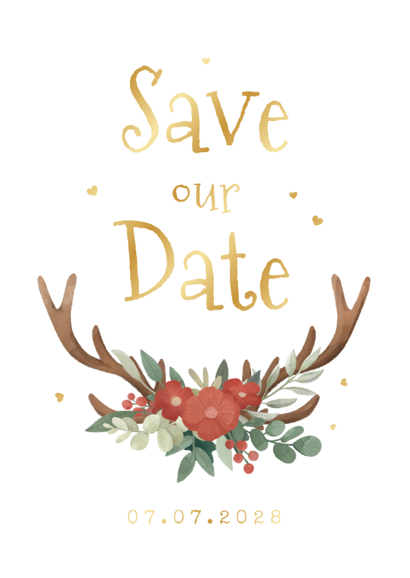 Trouwkaarten - Save the date trouwkaart hertengewei bloemen hartjes goud