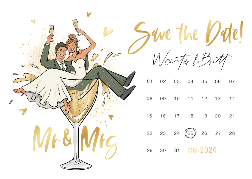 Trouwkaarten - Save the date trouwkaart kalender grappig bruidspaar cartoon