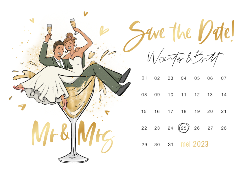 Trouwkaarten - Save the date trouwkaart kalender grappig bruidspaar cartoon
