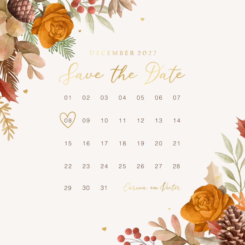 Trouwkaarten - Save the date trouwkaart kalender herfst winter bloemen