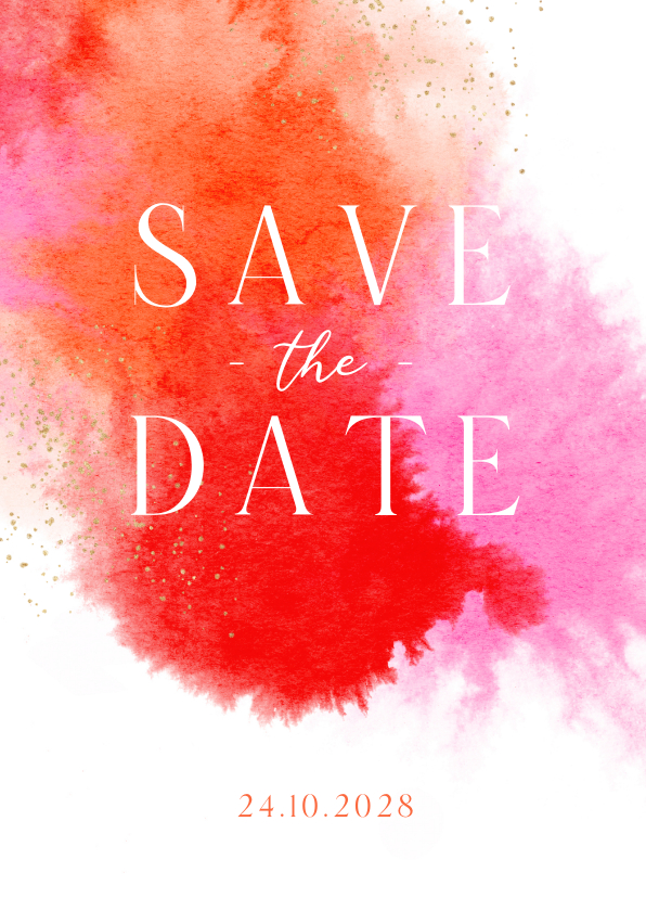 Trouwkaarten - Save the date trouwkaart kleurrijk roze waterverf goud 