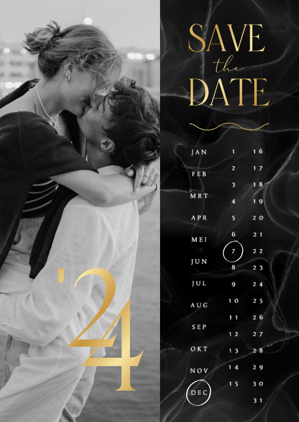 Trouwkaarten - Save the date trouwkaart marmer zwart kalender goud foto