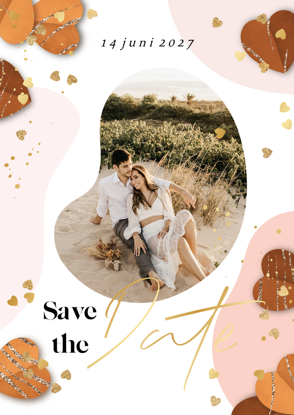Save the date trouwkaart modern organische vormen goud hart - Trouwkaarten Trouwkaarten - Save the date trouwkaart modern organische vormen goud hart