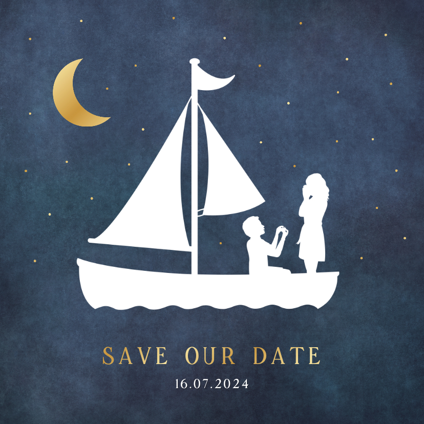 Trouwkaarten - Save the Date trouwkaart - silhouet van aanzoek in zeilboot 