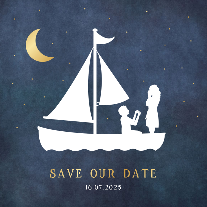 Trouwkaarten - Save the Date trouwkaart - silhouet van aanzoek in zeilboot 