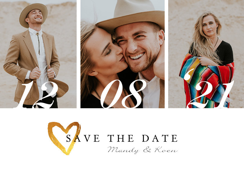 Trouwkaarten - Save the date trouwkaart stijlvol goud met eigen foto's