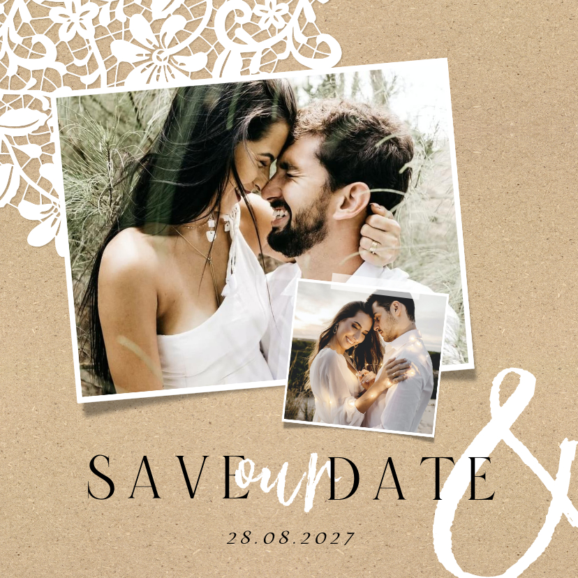 Trouwkaarten - Save the date trouwkaart stijlvol vintage kraft kant foto's