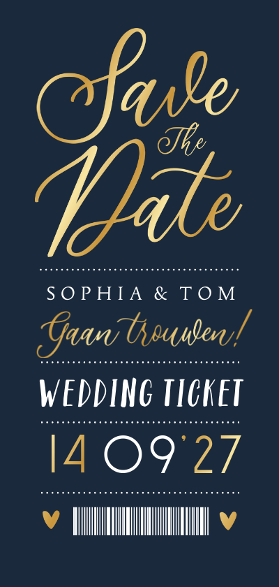 Save the date trouwkaart ticket goud grafisch blauw Save the date trouwkaart ticket goud grafisch blauw