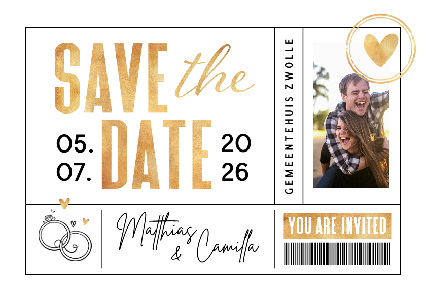 Trouwkaarten - Save the date trouwkaart ticket hartje ringen foto goud