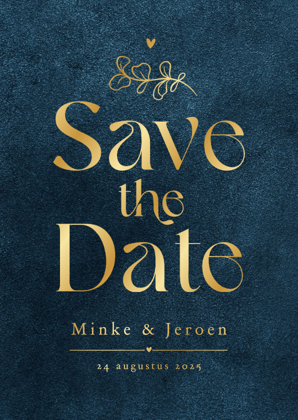 Trouwkaarten - Save the date trouwkaart velvet blauw goud sierlijk