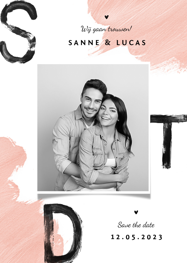 Save the date trouwkaart verf zwart roze foto - Trouwkaarten Trouwkaarten - Save the date trouwkaart verf zwart roze foto