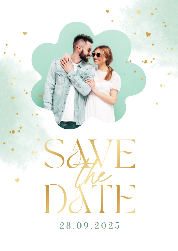 Trouwkaarten - Save the date trouwkaart waterverf mint goud spetters foto