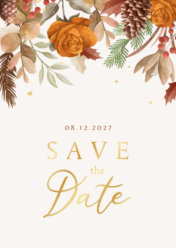 Trouwkaarten - Save the date trouwkaart winter herfst bladeren goud