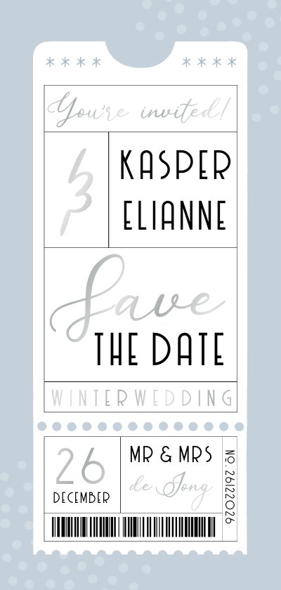 Save the Date trouwkaart winter wedding ticket blauw - Trouwkaarten Trouwkaarten - Save the Date trouwkaart winter wedding ticket blauw
