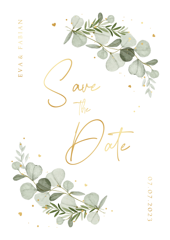 Trouwkaarten - Save the date uitnodigingskaart eucalyptus goud hartjes