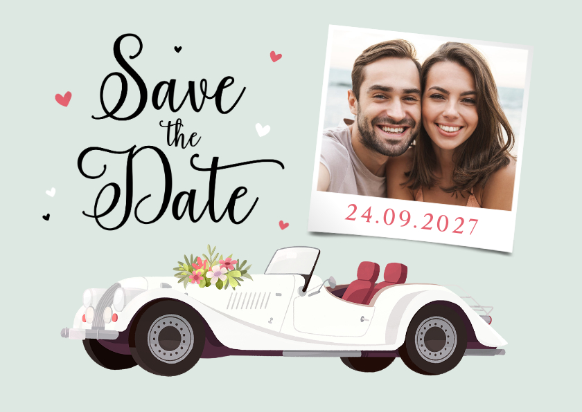 Save the date uitnodigingskaart vintage auto foto hartjes