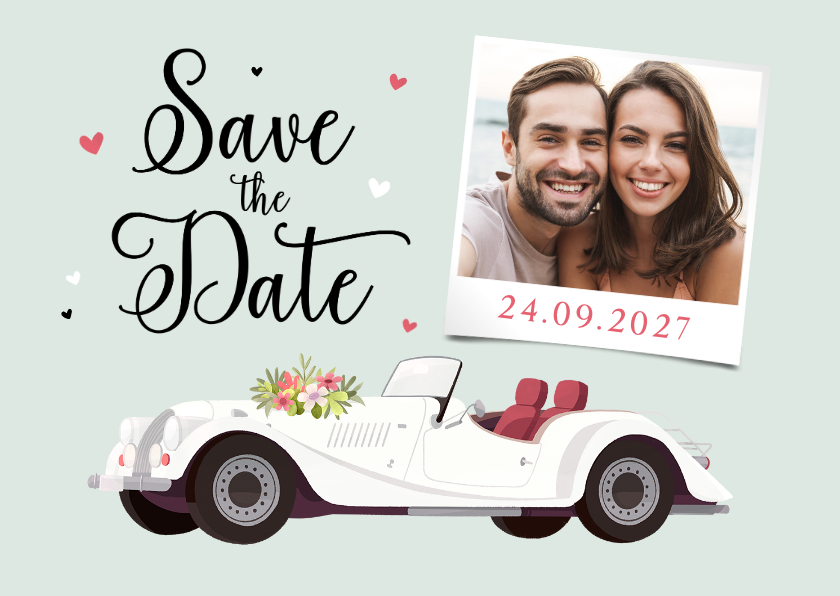 Trouwkaarten - Save the date uitnodigingskaart vintage auto foto hartjes