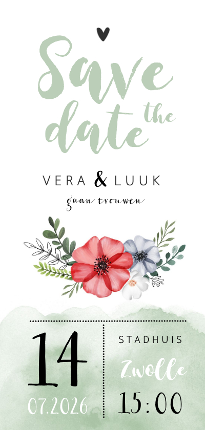 Save the date waterverf bloemen stijlvol foto groen hartje - Trouwkaarten Trouwkaarten - Save the date waterverf bloemen stijlvol foto groen hartje