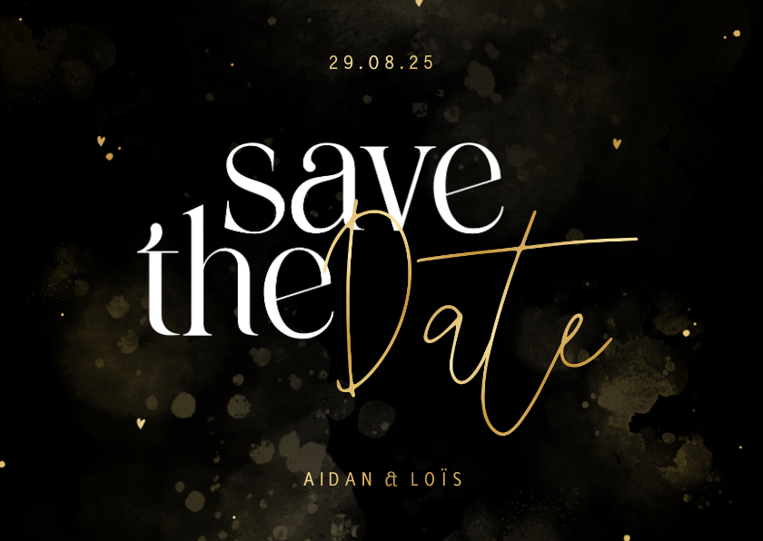 Save the date zwart met goud hartjes en waterverf Save the date zwart met goud hartjes en waterverf