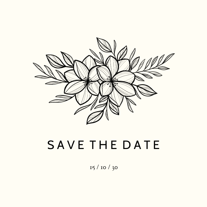 Trouwkaarten - Save the date zwarte lijntekening van bloemen aanpasbaar