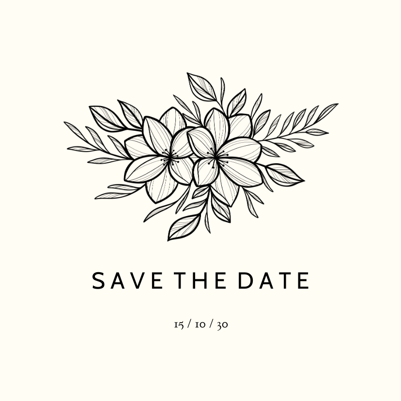 Save the date zwarte lijntekening van bloemen aanpasbaar - Trouwkaarten Trouwkaarten - Save the date zwarte lijntekening van bloemen aanpasbaar
