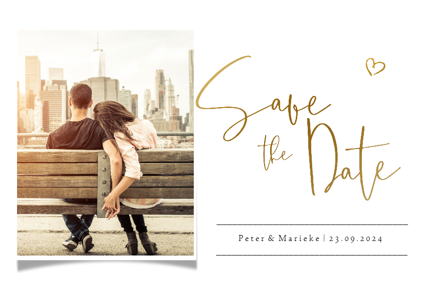 Save the datekaart met eigen foto en gouden tekst en hartje Save the datekaart met eigen foto en gouden tekst en hartje
