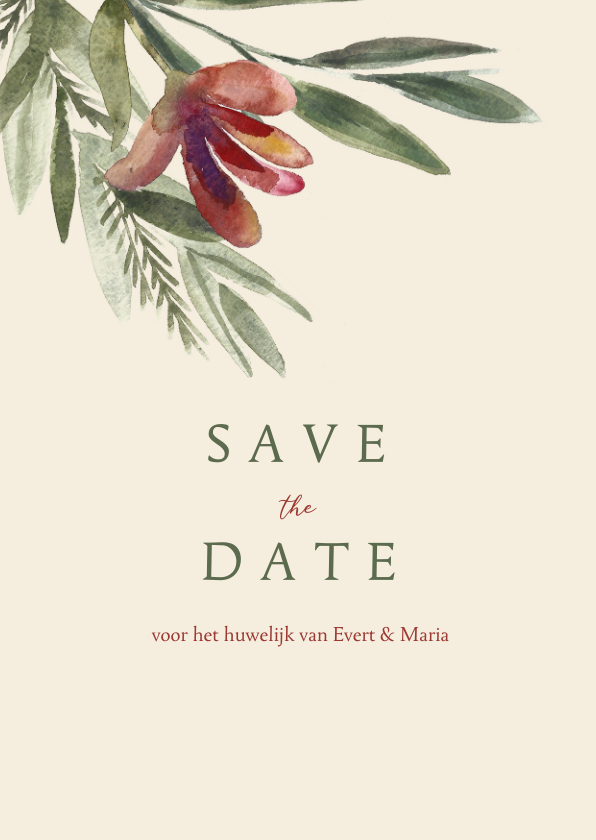Save the datekaart met roze rode waterverf bloem en takjes