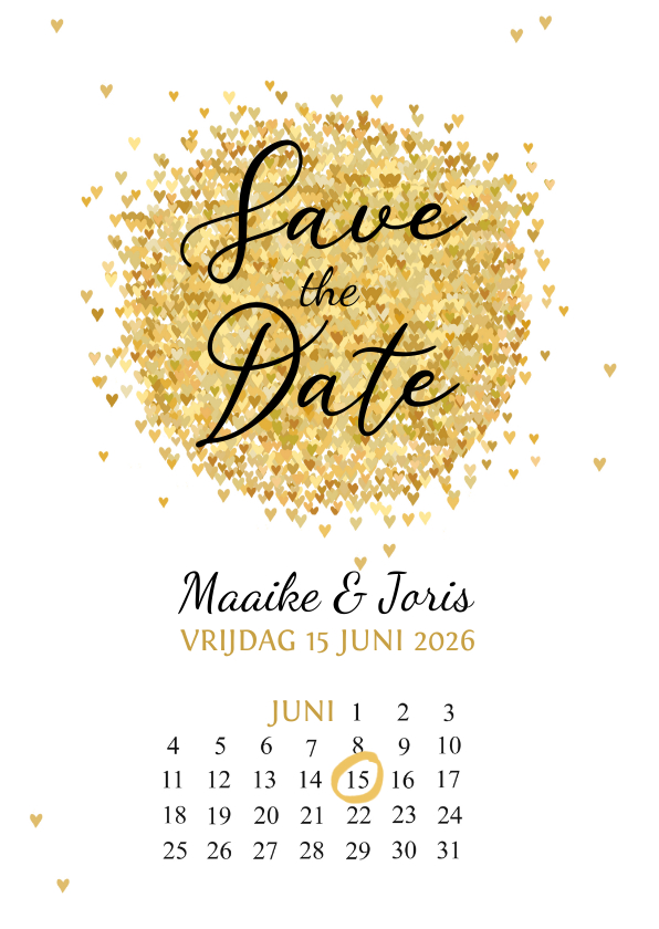 Trouwkaarten - SavetheDate gouden hartjes rond