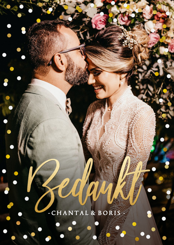 Trouwkaarten - Stijlvol bedankkaartje huwelijk met eigen foto en confetti