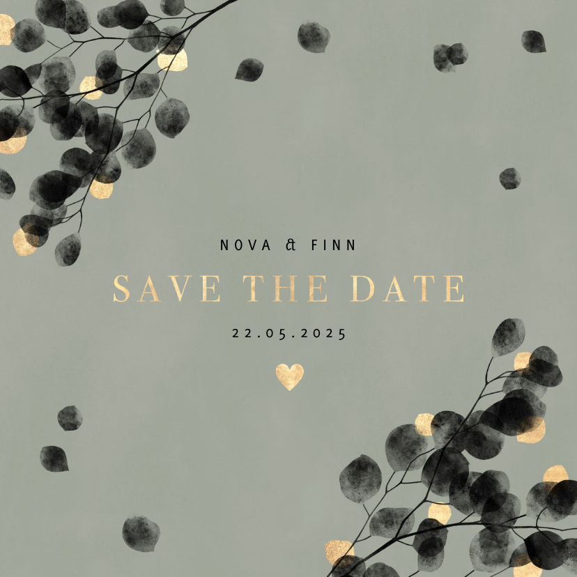 Trouwkaarten - Stijlvol eucalyptus en goud save the date kaart waterverf