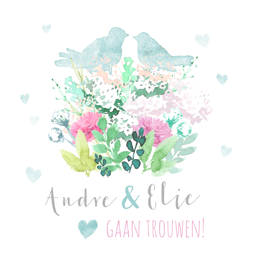 Stijlvol trouwkaart met duifjes in pastel kleuren - Trouwkaarten Trouwkaarten - Stijlvol trouwkaart met duifjes in pastel kleuren