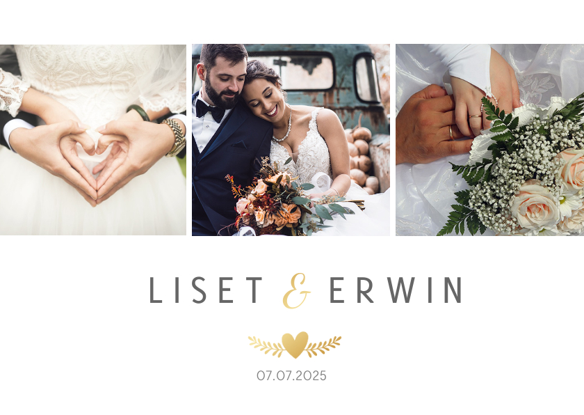 Stijlvolle bedankaart huwelijk - wit met 3 foto's en goud - Trouwkaarten Trouwkaarten - Stijlvolle bedankaart huwelijk - wit met 3 foto's en goud