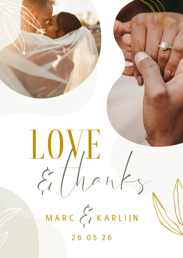 Trouwkaarten - Stijlvolle bedankkaart met lijntekening van bladeren
