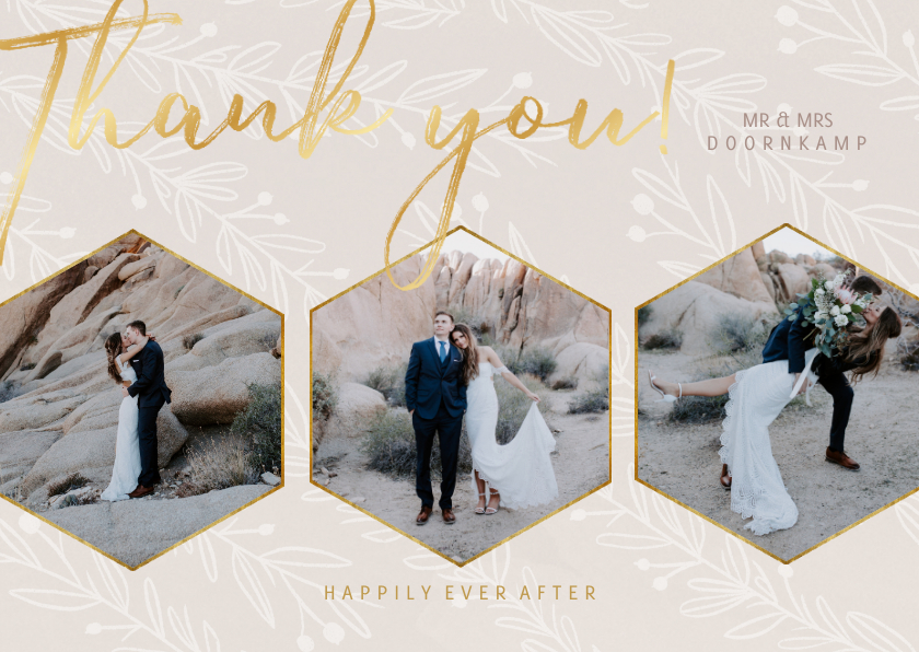 Trouwkaarten - Stijlvolle bedankkaart trouwdag met foto's goudlook naturel
