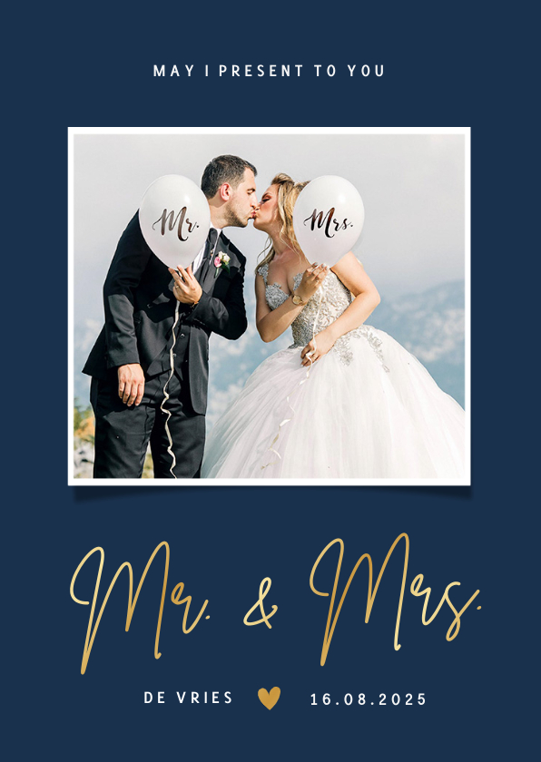 Trouwkaarten - Stijlvolle bedankkaart trouwdag Mr & Mrs met eigen foto