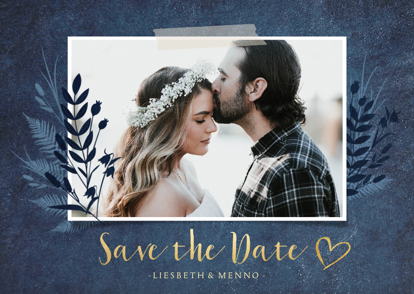 Stijlvolle botanische Save the Date kaart met eigen foto - Trouwkaarten Trouwkaarten - Stijlvolle botanische Save the Date kaart met eigen foto