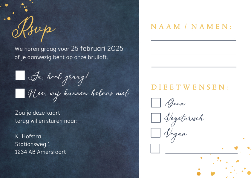 Stijlvolle donkerblauwe enkele rsvp kaart met invulvelden - Trouwkaarten Trouwkaarten - Stijlvolle donkerblauwe enkele rsvp kaart met invulvelden