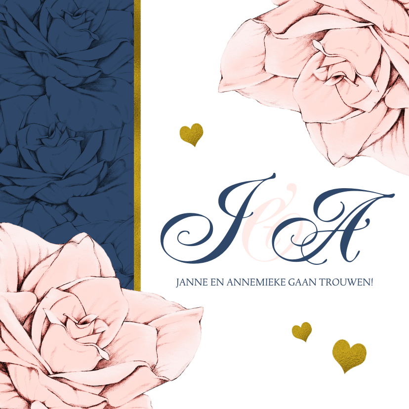 Trouwkaarten - Stijlvolle en originele trouwkaart in navyblue en rozen