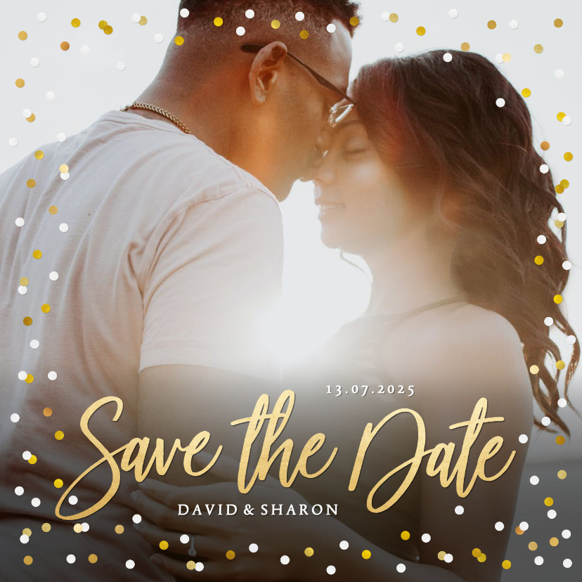 Stijlvolle feestelijke Save the Date kaart met eigen foto - Trouwkaarten Trouwkaarten - Stijlvolle feestelijke Save the Date kaart met eigen foto