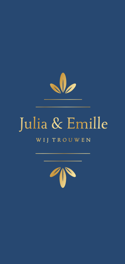 Trouwkaarten - Stijlvolle langwerpige trouwkaart met gouden ornament blauw