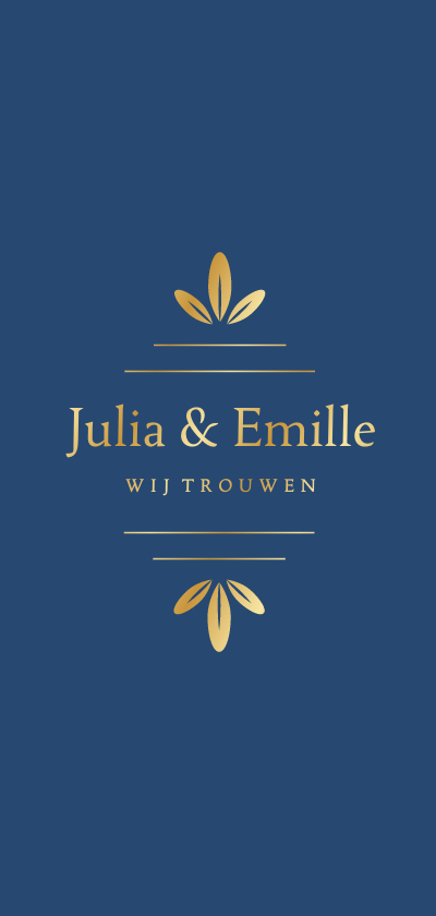 Stijlvolle langwerpige trouwkaart met gouden ornament blauw - Trouwkaarten Trouwkaarten - Stijlvolle langwerpige trouwkaart met gouden ornament blauw