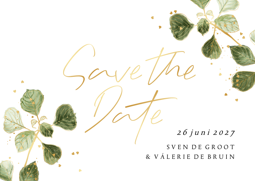 Trouwkaarten - Stijlvolle save the date bladertak goud hartjesconfetti