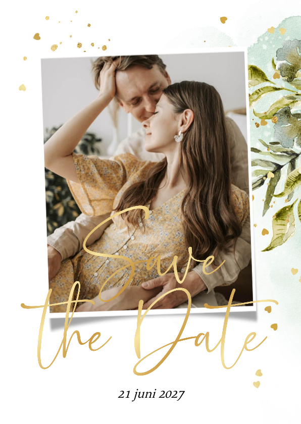 Trouwkaarten - Stijlvolle save the date fotokaart botanische bladeren goud