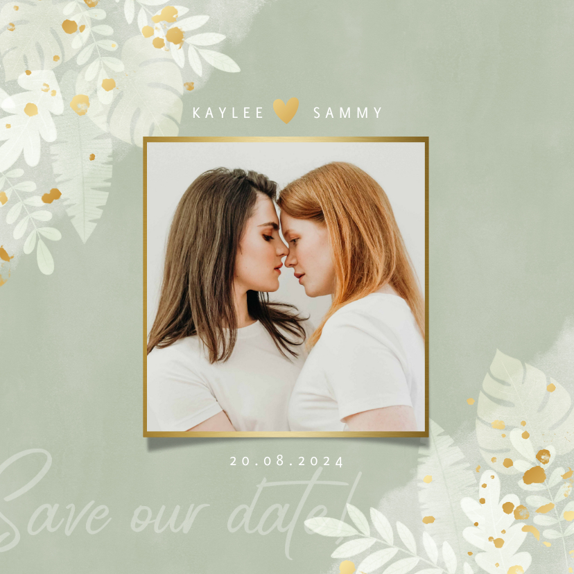 Stijlvolle save the date kaart lichte junglebladeren - Trouwkaarten Trouwkaarten - Stijlvolle save the date kaart lichte junglebladeren