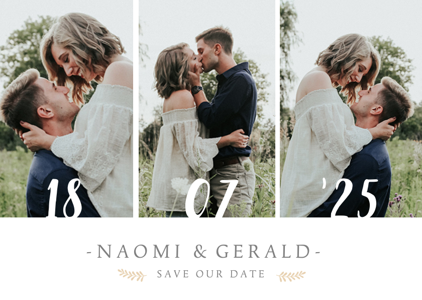 Stijlvolle Save the Date kaart met 3 foto's en trouwdatum