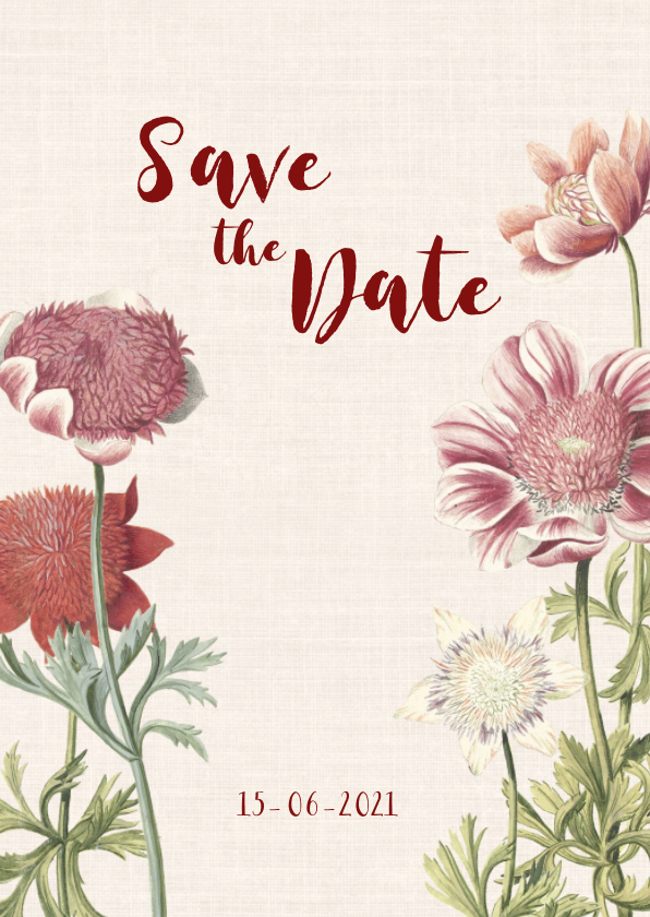 Stijlvolle Save the Date kaart met anemonen - Trouwkaarten Trouwkaarten - Stijlvolle Save the Date kaart met anemonen