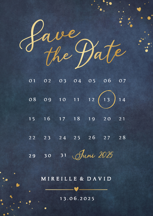 Trouwkaarten - Stijlvolle Save the Date kaart met kalender en goudfolie